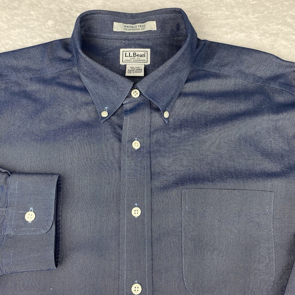 L.L.‎ Bean Shirt Mens 17.5-33 Blue Traditional Fit Wrinkle Free Heavier Weight
